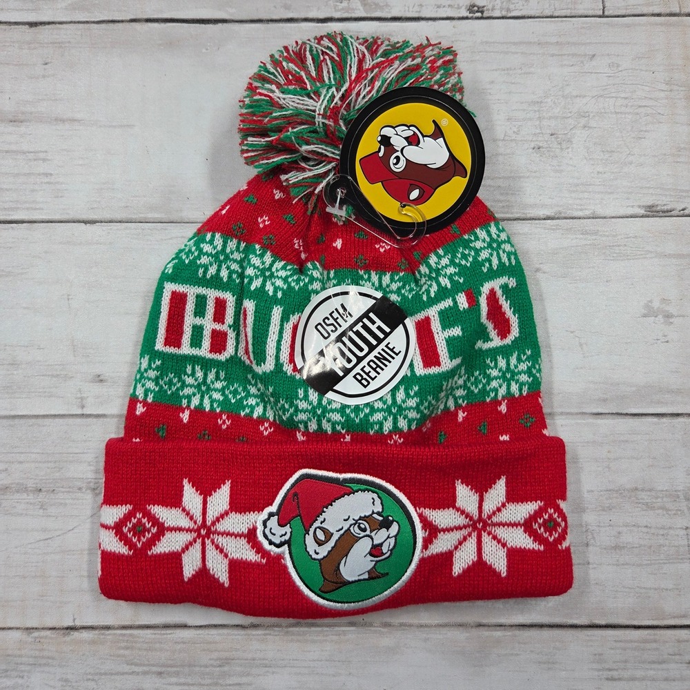 Buc-ee's Beanie Youth OSFM Red Green Christmas Fair Isle Pom Pom BUC79BN-RYTH